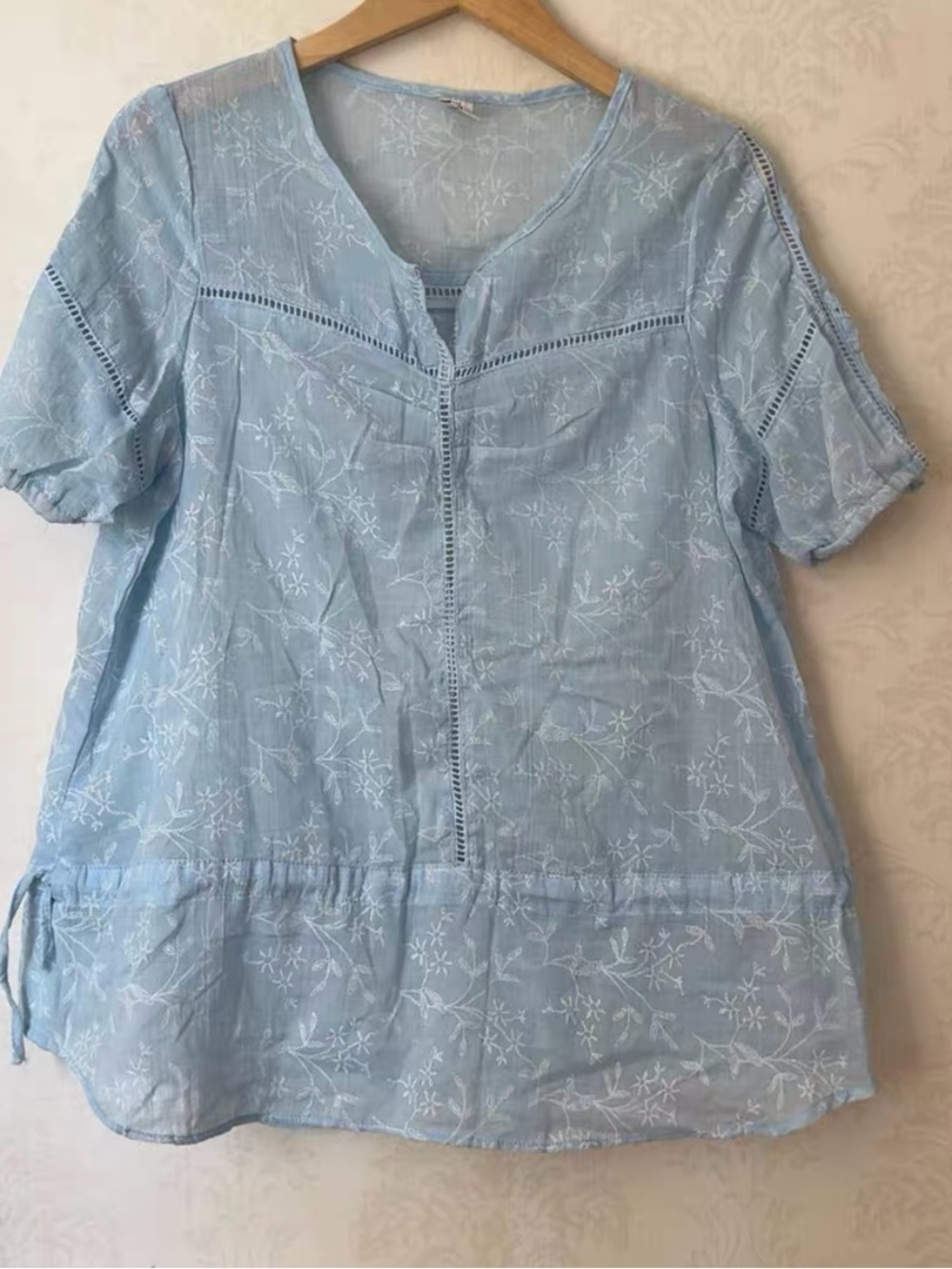 Light Blue Embroidered Short Sleeve Women's Top